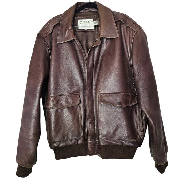 Orvis Sz Lamb Leather Brown Full Zip Bomber Classic Jacket Western Soft
